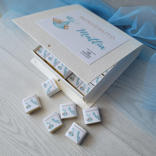 Box con 50 cioccolatini cremini personalizzati Nascita