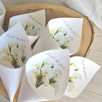 cartoncino martellato bianco con stampa a colori effetto acquerello grafica calla bianca e personalizzati