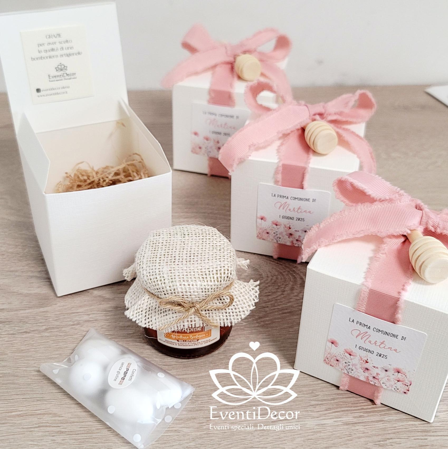 Bomboniera con miele e spargimiele rosa cipria e fiorellini - EventiDecor