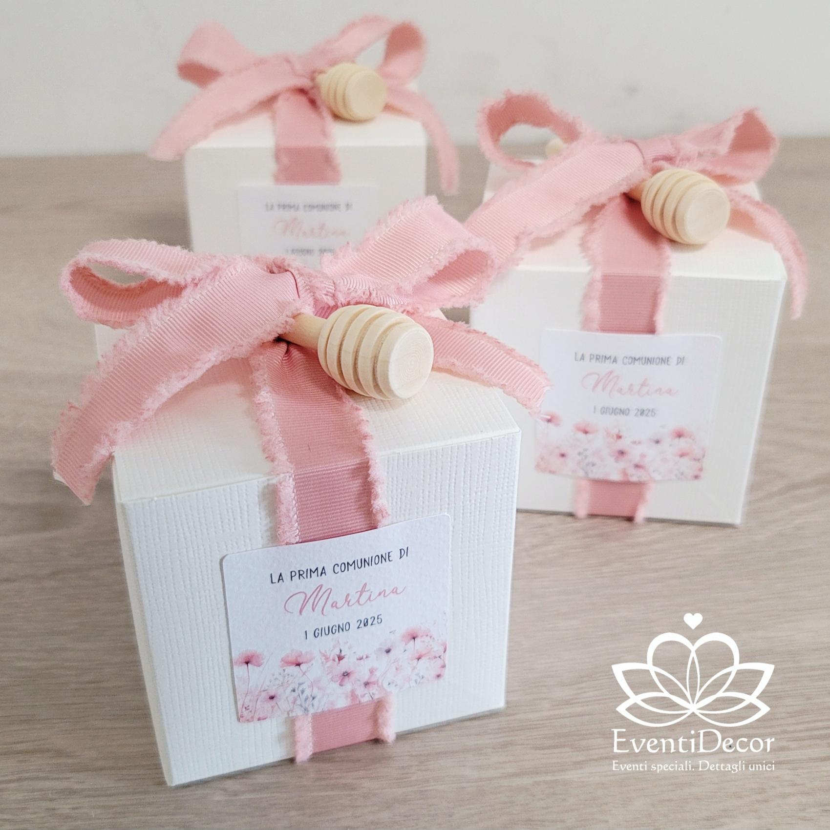 Bomboniera con miele e spargimiele rosa cipria e fiorellini - EventiDecor