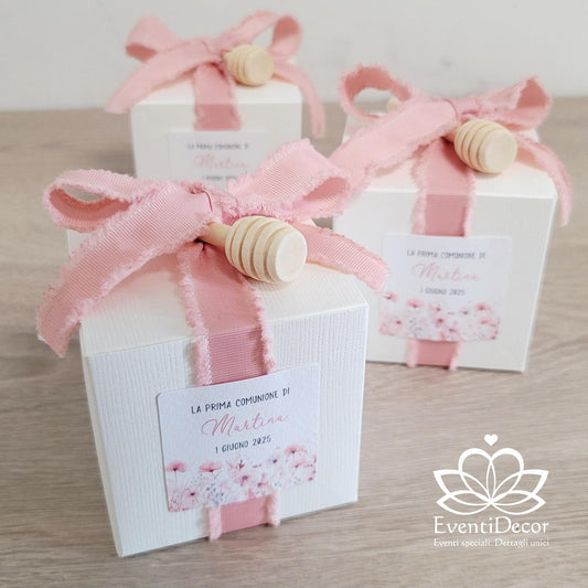 Bomboniera con miele e spargimiele rosa cipria e fiorellini - EventiDecor