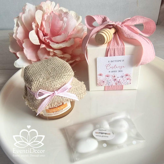Bomboniera con miele, spargimiele e grafica fiorellini rosa cipria - EventiDecor