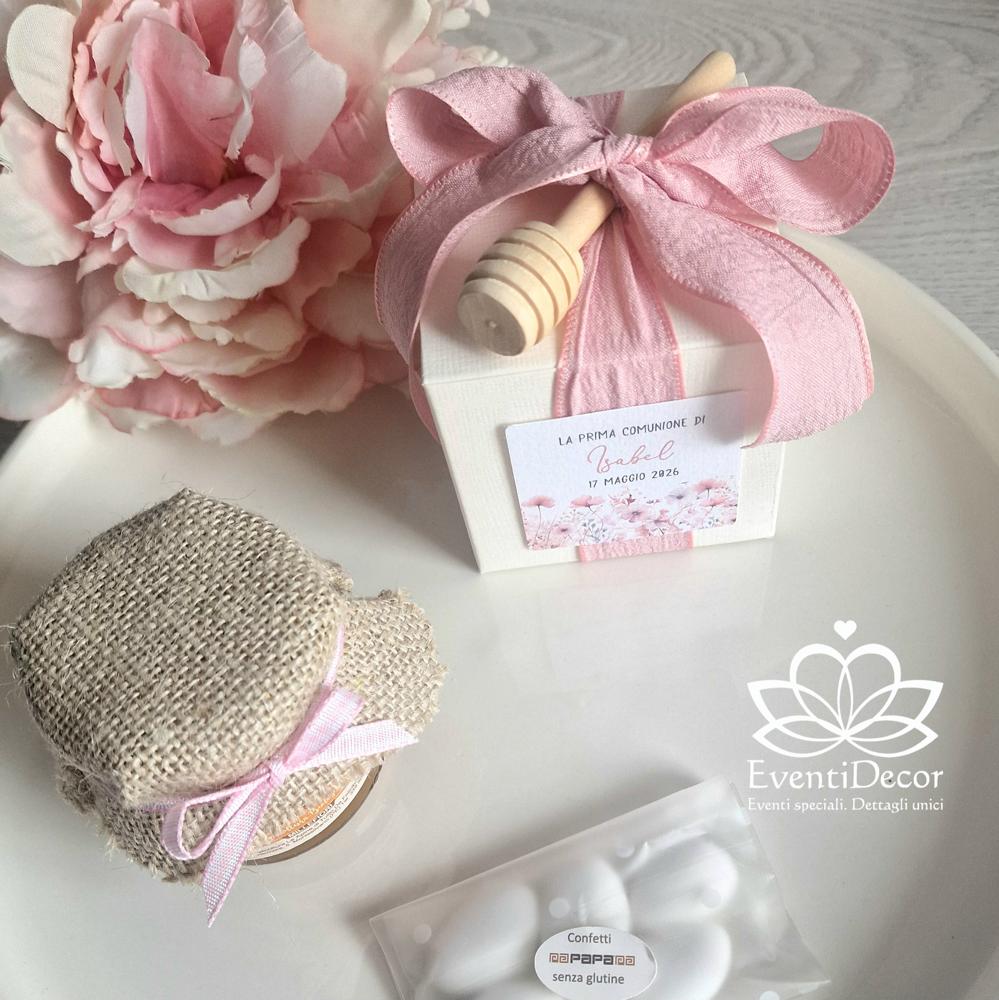 Bomboniera con miele, spargimiele e grafica fiorellini rosa cipria - EventiDecor