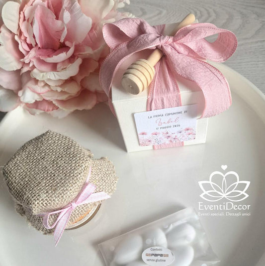 Bomboniera con miele, spargimiele e grafica fiorellini rosa cipria - EventiDecor