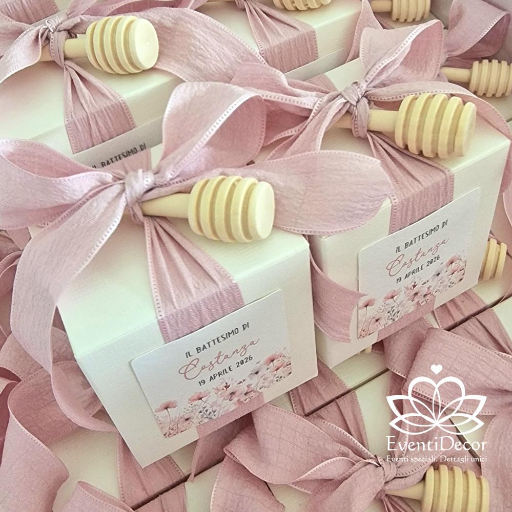 Bomboniera con miele, spargimiele e grafica fiorellini rosa cipria - EventiDecor