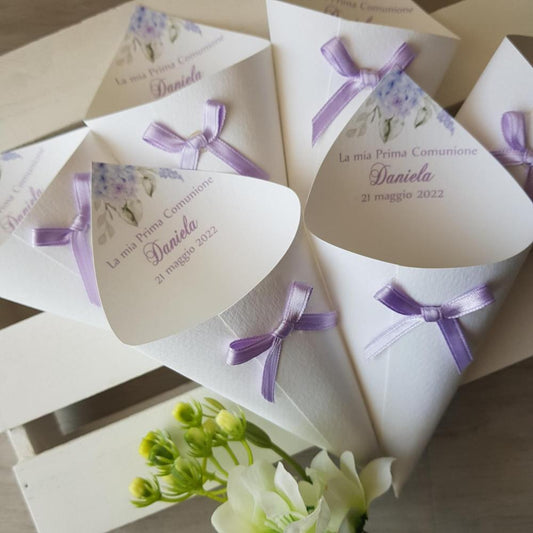 Coni portaconfetti personalizzati ortensie lilla/glicine - EventiDecor